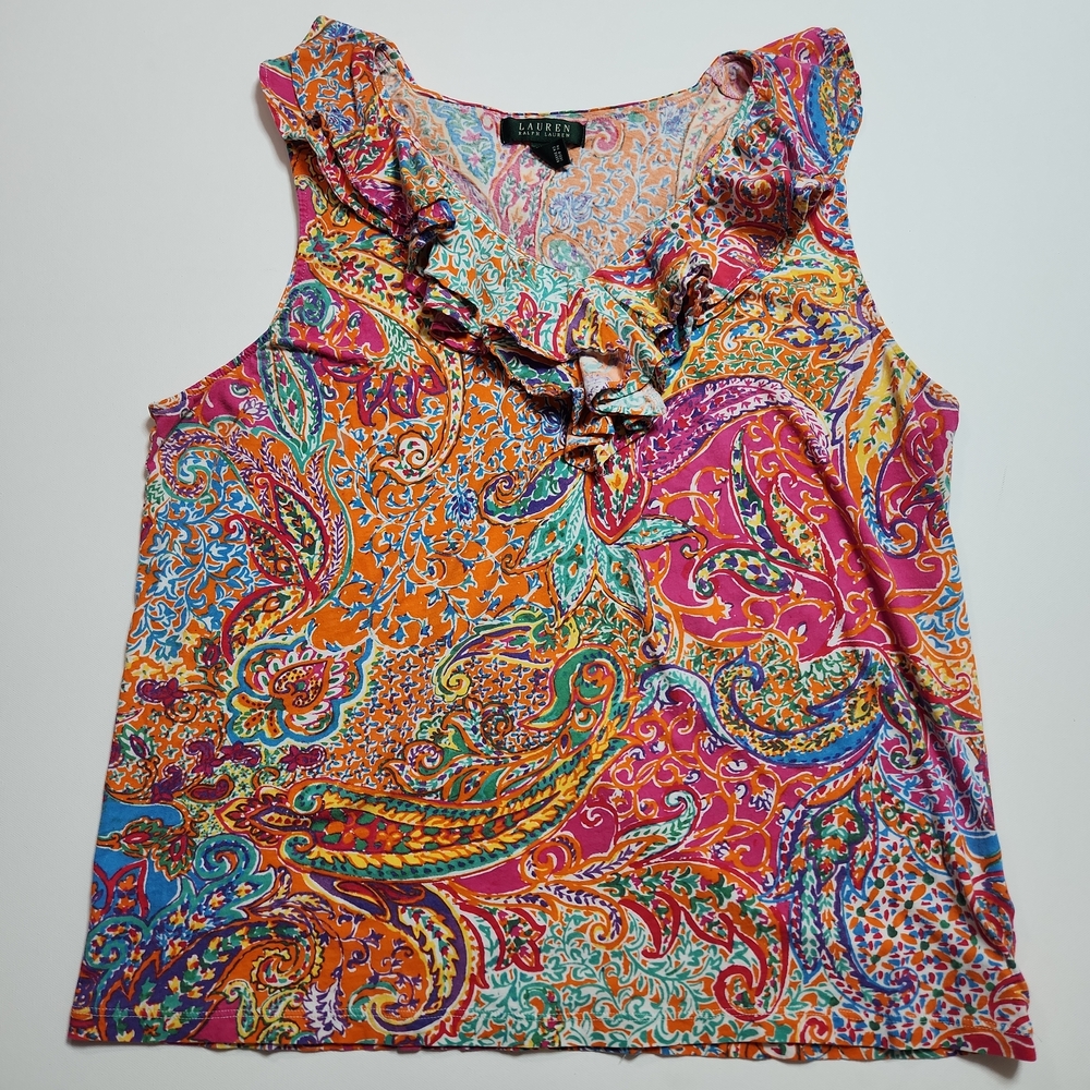 Lauren Ralph Lauren 2X Paisley Print Ruffle Neck Sleeveless Blouse 100% Cotton